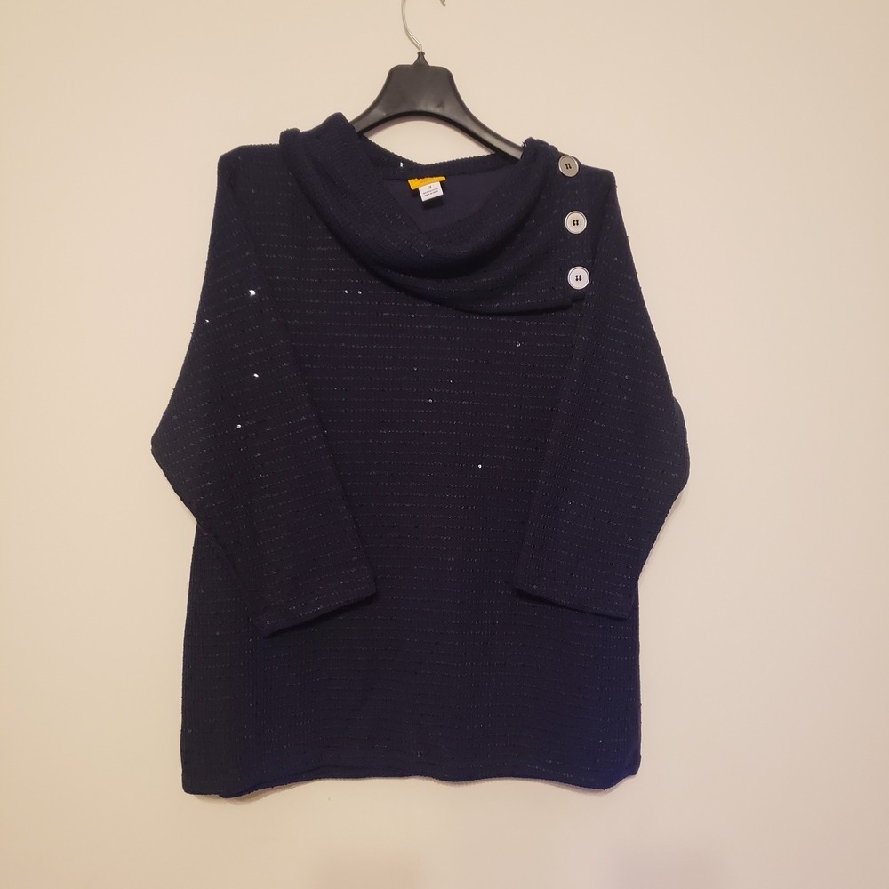 Ruby Rd. Women's Sweater Top Plus Size 1X Asymetrical Cowl Neck Navy Sequin